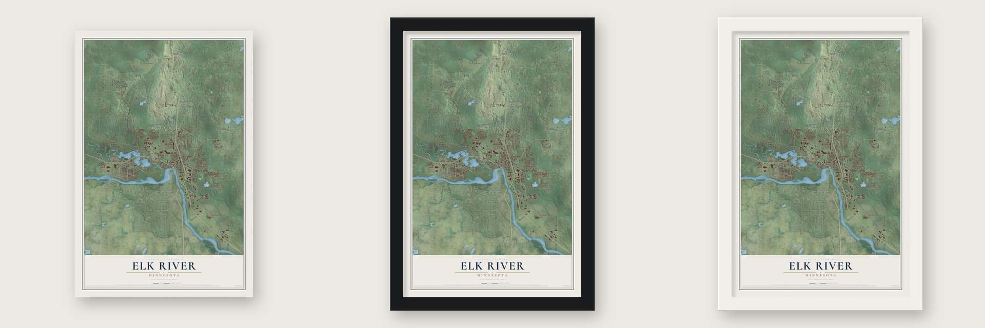 Elk River, Minnesota map unframed, in a black wood frame and in a white wood frame