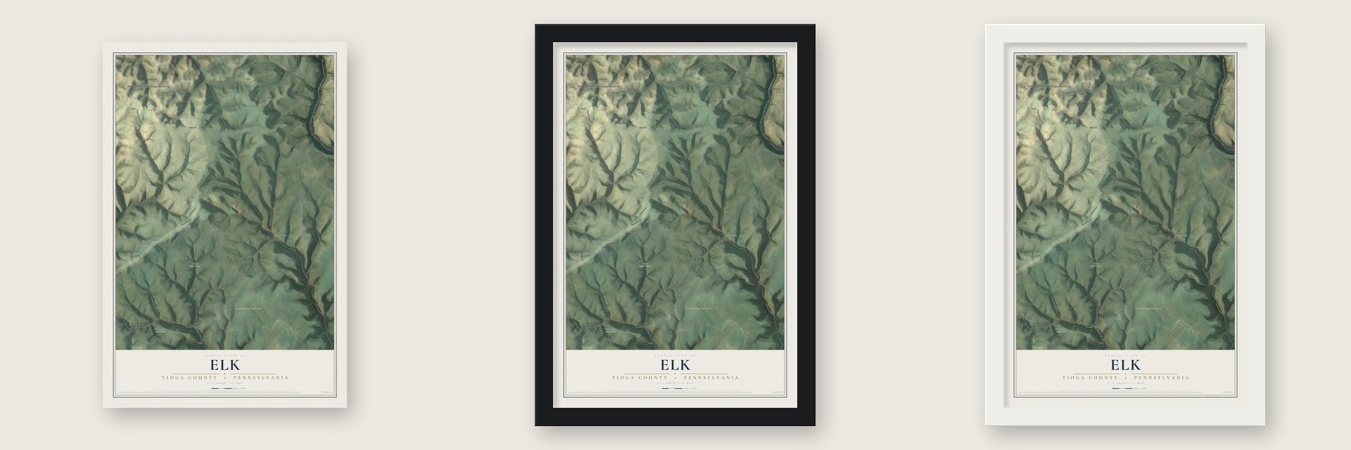 Elk, Tioga County, Pennsylvania map unframed, in a black wood frame and in a white wood frame