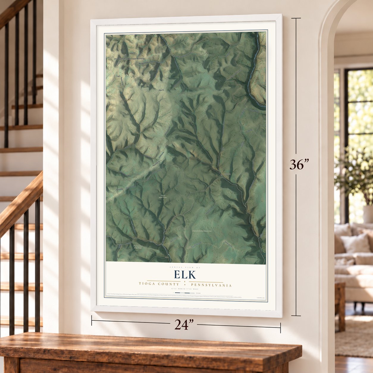 Elk, Tioga County, Pennsylvania map, 24 x 36 inch print in a white frame by a staircase