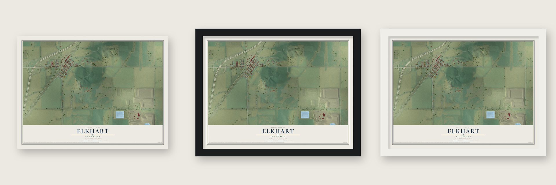 Elkhart, Illinois map unframed, in a black wood frame and in a white wood frame
