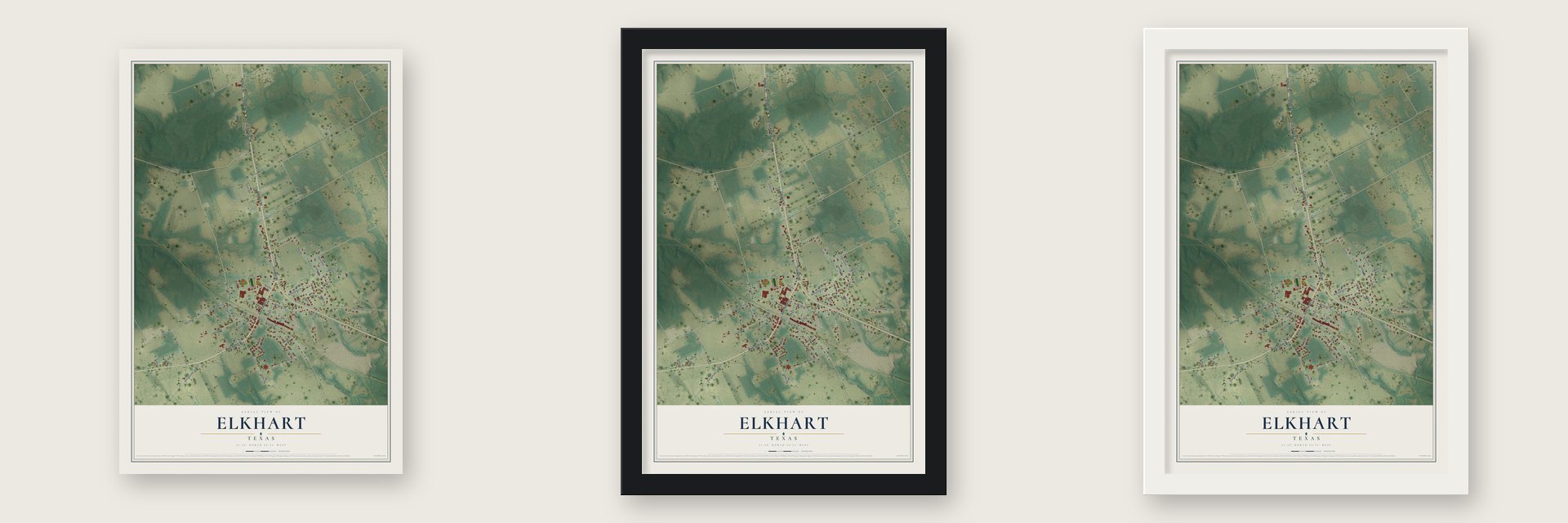 Elkhart, Texas map unframed, in a black wood frame and in a white wood frame