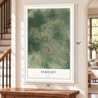 Elkhart, Texas map, 24 x 36 inch print in a white frame by a staircase