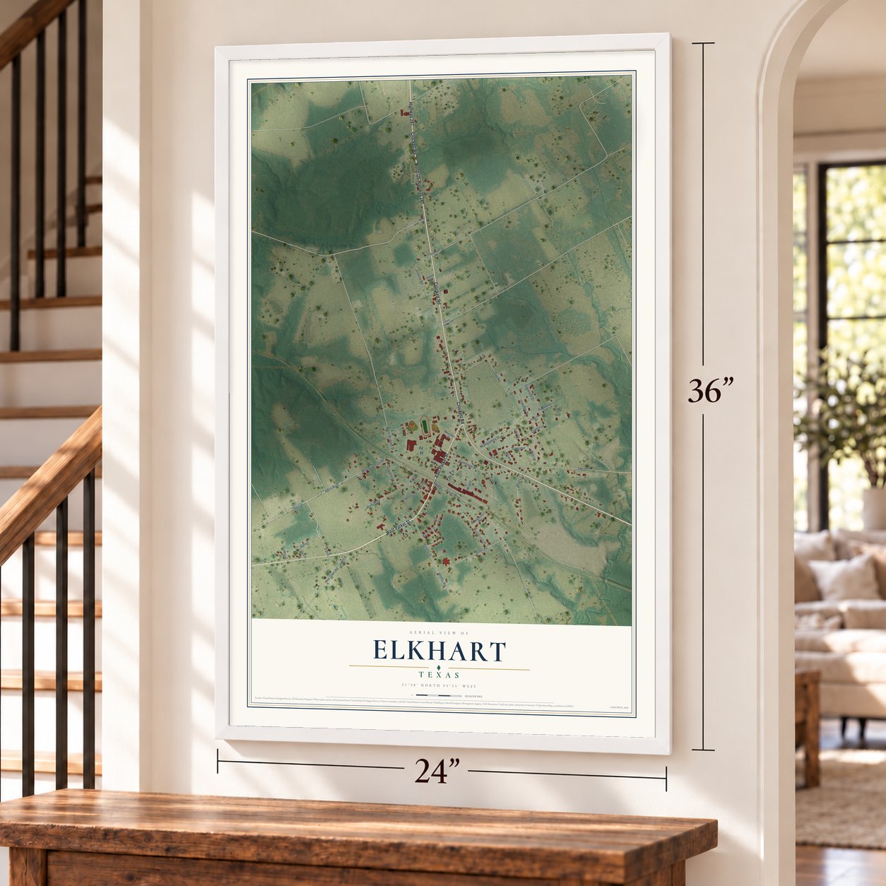 Elkhart, Texas map, 24 x 36 inch print in a white frame by a staircase