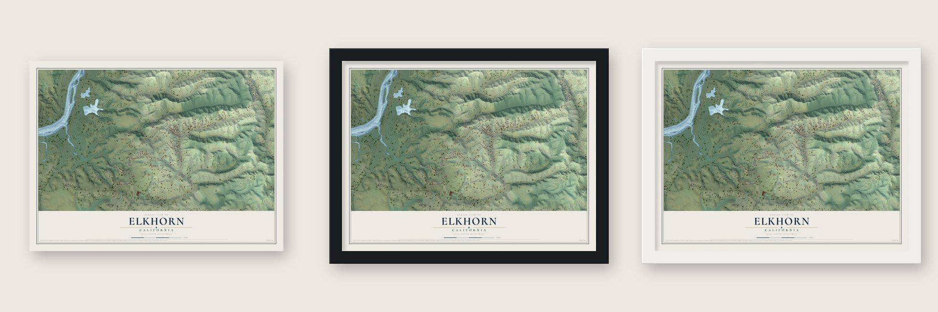 Elkhorn, California map unframed, in a black wood frame and in a white wood frame