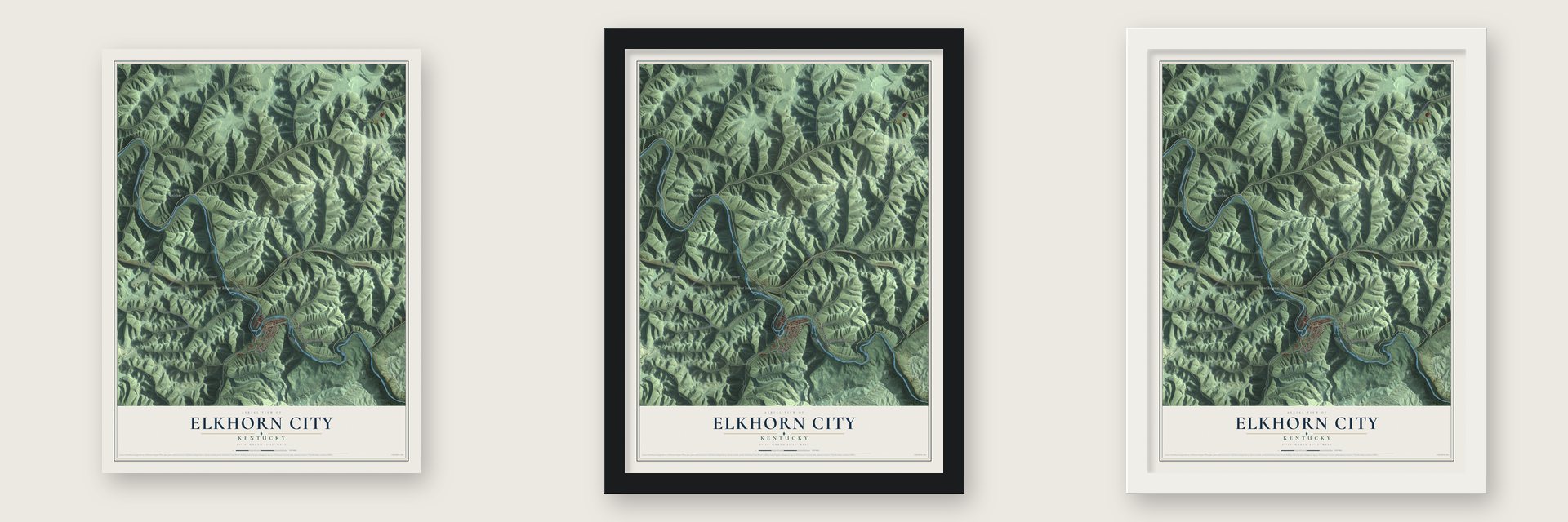 Elkhorn City, Kentucky map unframed, in a black wood frame and in a white wood frame