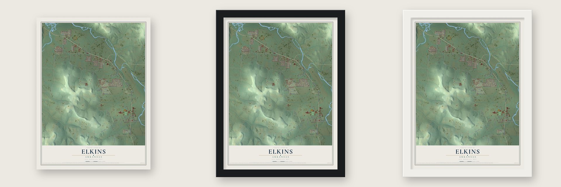 Elkins, Arkansas map unframed, in a black wood frame and in a white wood frame