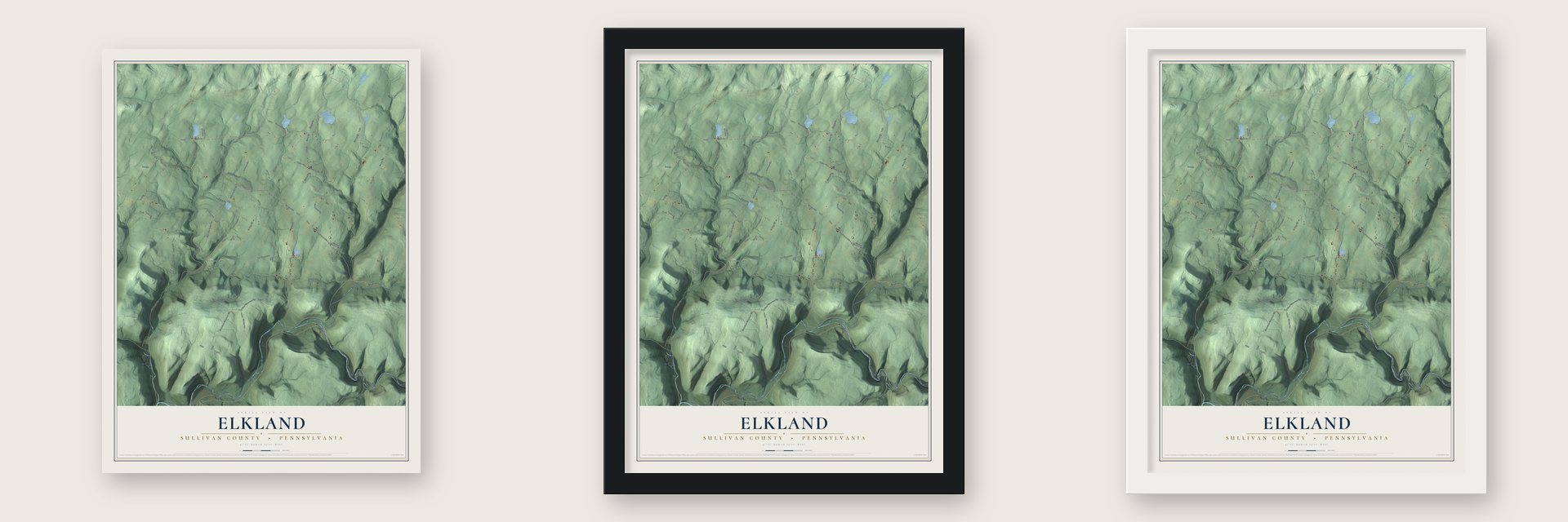 Elkland, Sullivan County, Pennsylvania map unframed, in a black wood frame and in a white wood frame