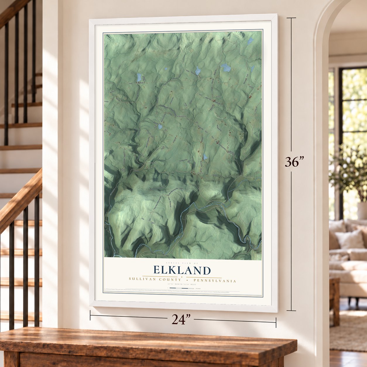 Elkland, Sullivan County, Pennsylvania map, 24 x 36 inch print in a white frame by a staircase