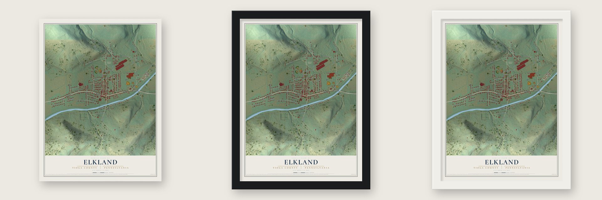 Elkland, Tioga County, Pennsylvania map unframed, in a black wood frame and in a white wood frame