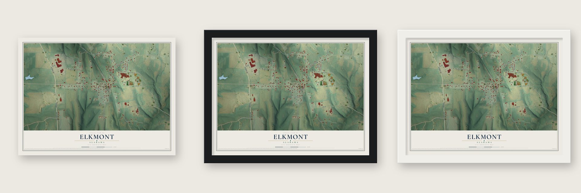 Elkmont, Alabama map unframed, in a black wood frame and in a white wood frame