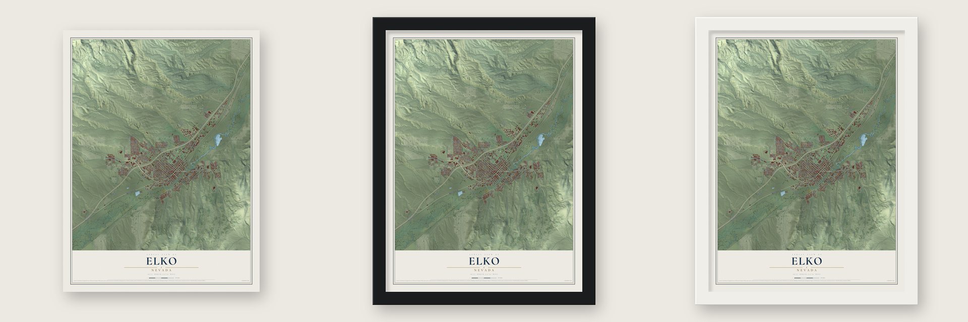 Elko, Nevada map unframed, in a black wood frame and in a white wood frame