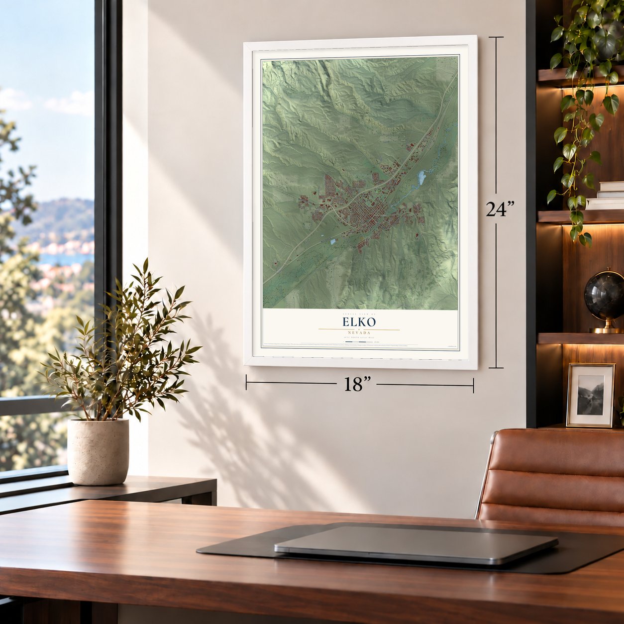 Elko, Nevada map, 18 x 24 inch print in a white frame in a home office