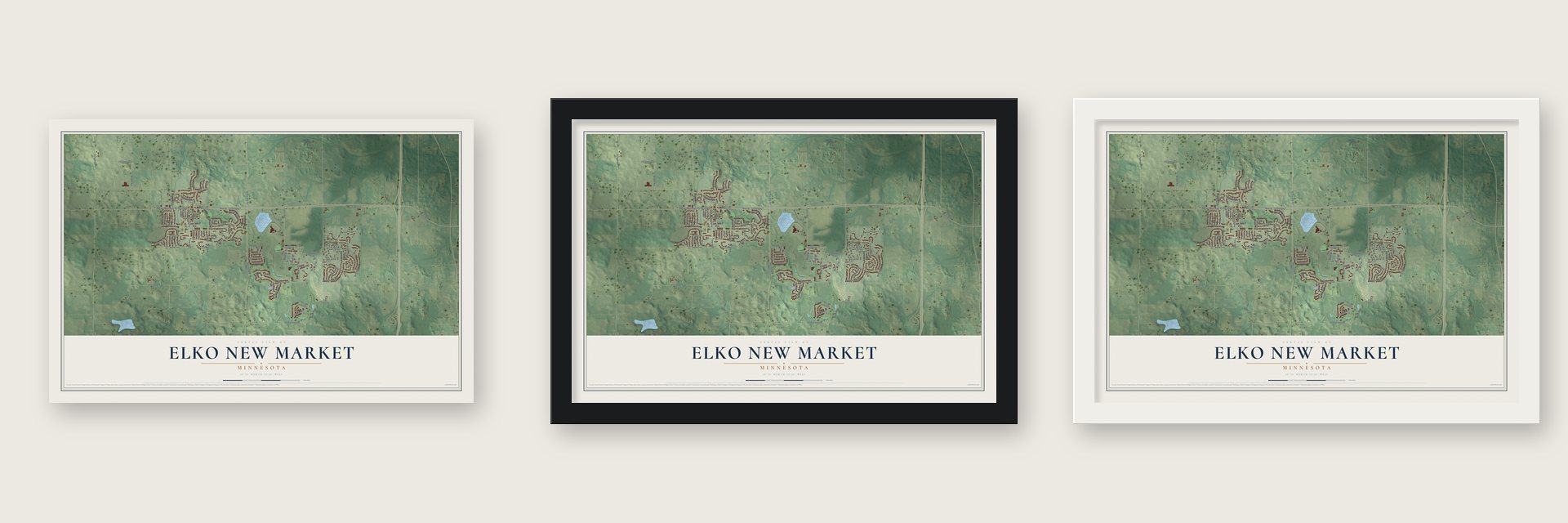 Elko New Market, Minnesota map unframed, in a black wood frame and in a white wood frame