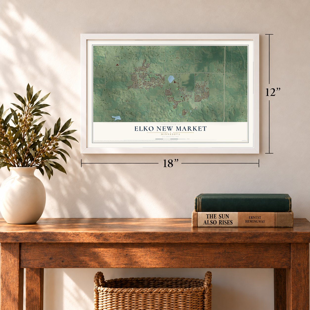 Elko New Market, Minnesota map, 12 x 18 inch print in a white frame in an entryway