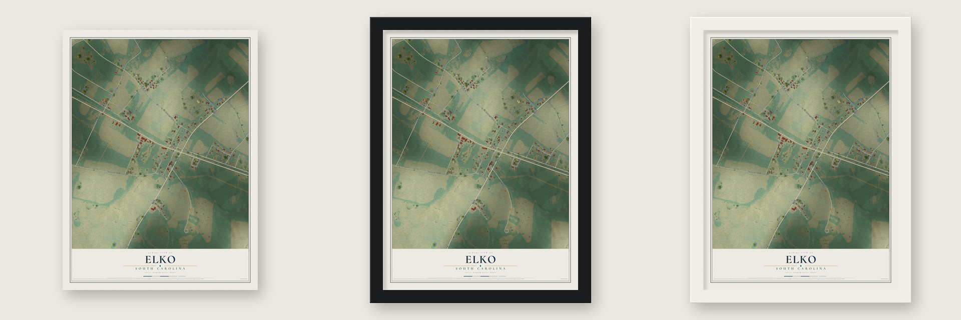 Elko, South Carolina map unframed, in a black wood frame and in a white wood frame