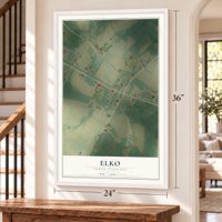 Elko, South Carolina map, 24 x 36 inch print in a white frame by a staircase