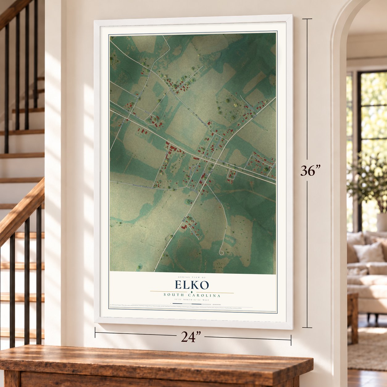 Elko, South Carolina map, 24 x 36 inch print in a white frame by a staircase