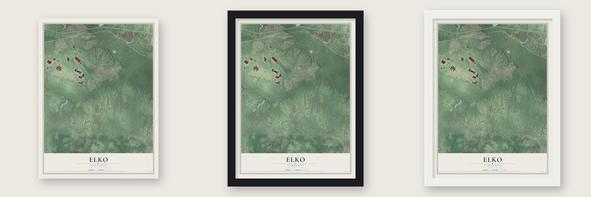 Elko, Virginia map unframed, in a black wood frame and in a white wood frame