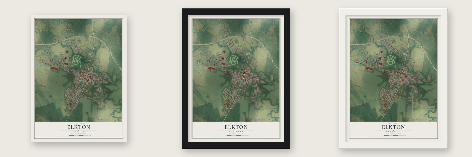 Elkton, Kentucky map unframed, in a black wood frame and in a white wood frame