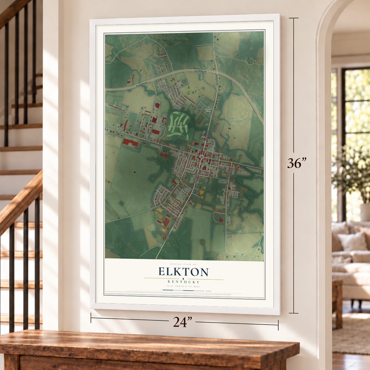 Elkton, Kentucky map, 24 x 36 inch print in a white frame by a staircase