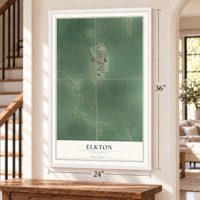 Elkton, Minnesota map, 24 x 36 inch print in a white frame by a staircase