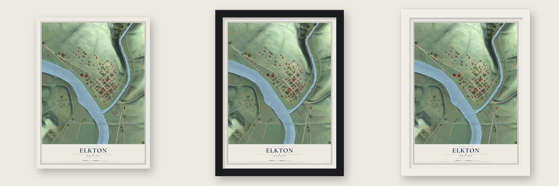 Elkton, Oregon map unframed, in a black wood frame and in a white wood frame