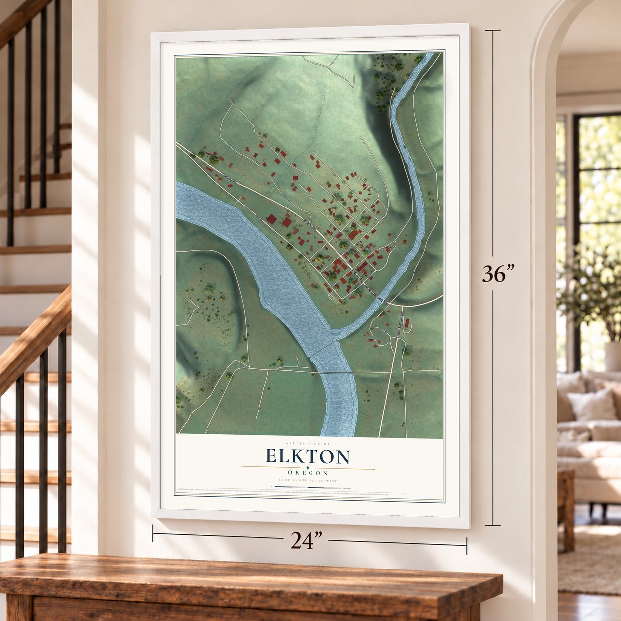 Elkton, Oregon map, 24 x 36 inch print in a white frame by a staircase