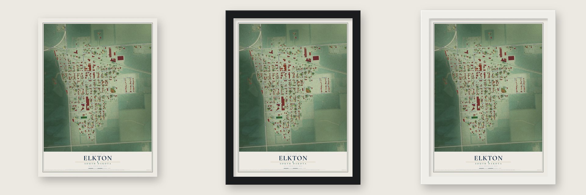 Elkton, South Dakota map unframed, in a black wood frame and in a white wood frame
