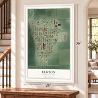 Elkton, South Dakota map, 24 x 36 inch print in a white frame by a staircase