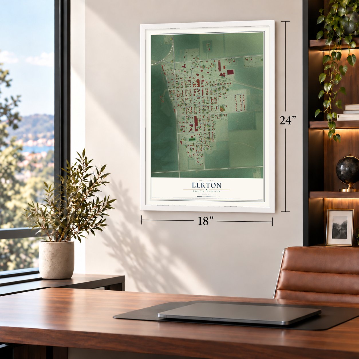 Elkton, South Dakota map, 18 x 24 inch print in a white frame in a home office