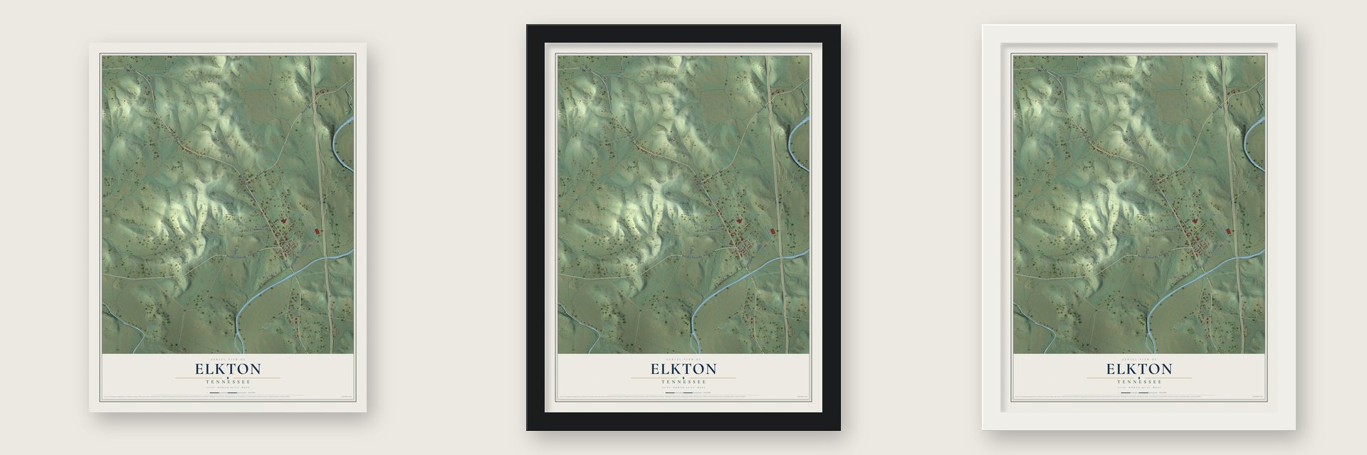Elkton, Tennessee map unframed, in a black wood frame and in a white wood frame