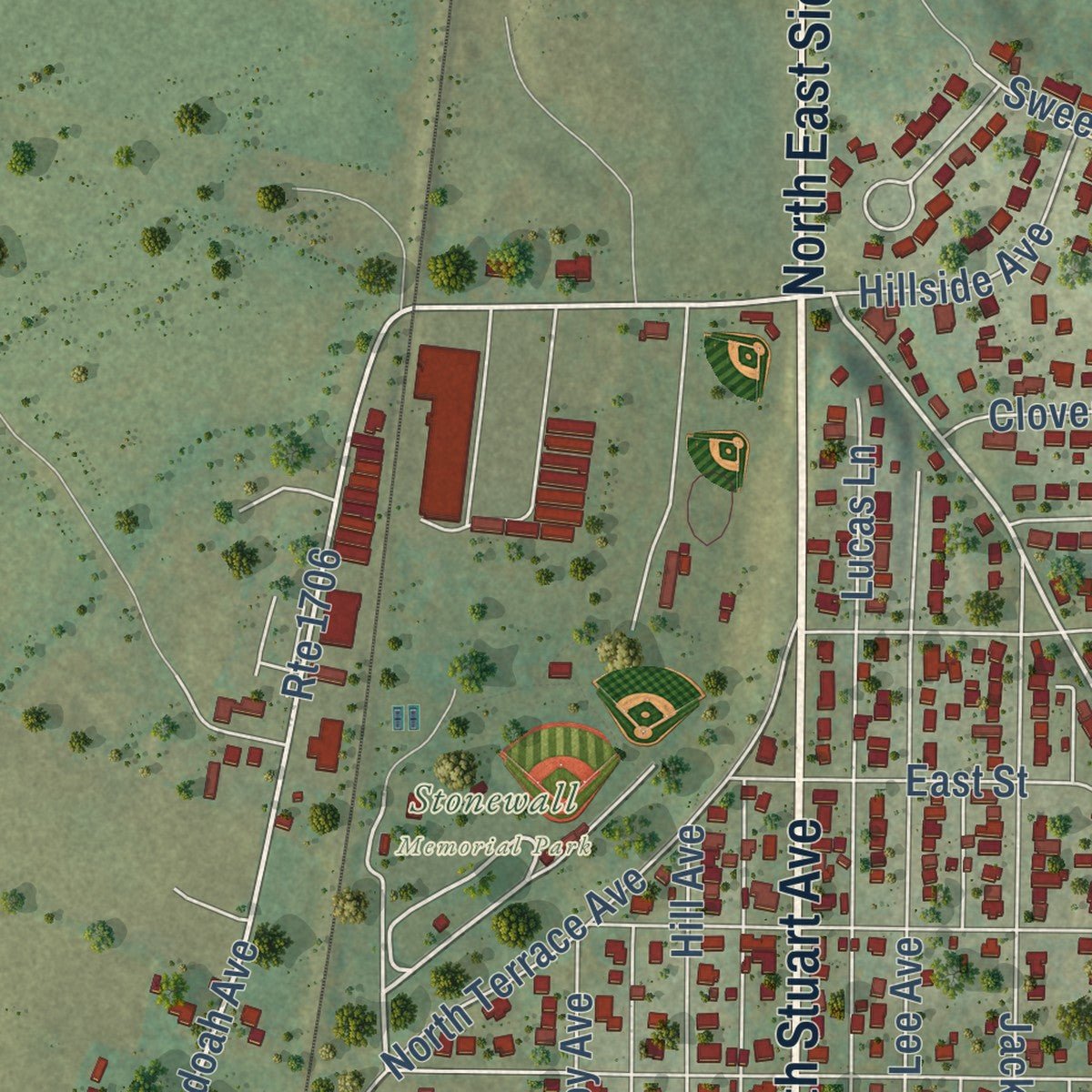 Second close-up of the map of Elkton, Virginia print showing more streets and buildings