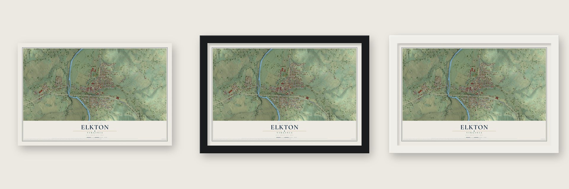 Elkton, Virginia map unframed, in a black wood frame and in a white wood frame