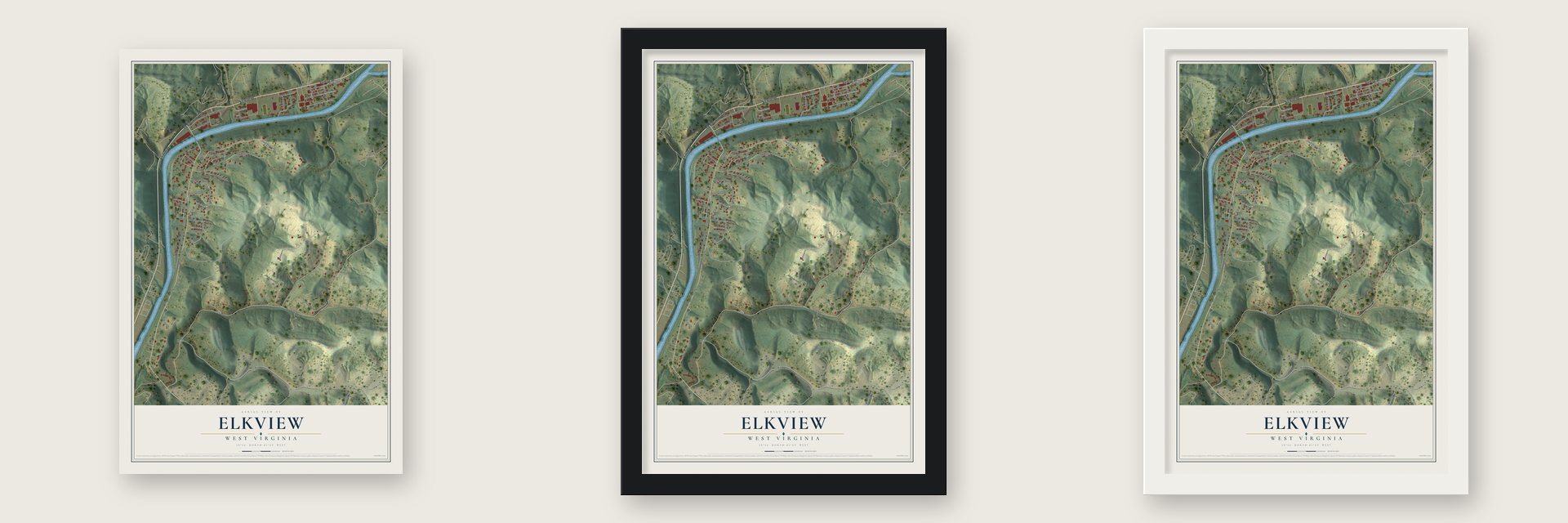 Elkview, West Virginia map unframed, in a black wood frame and in a white wood frame