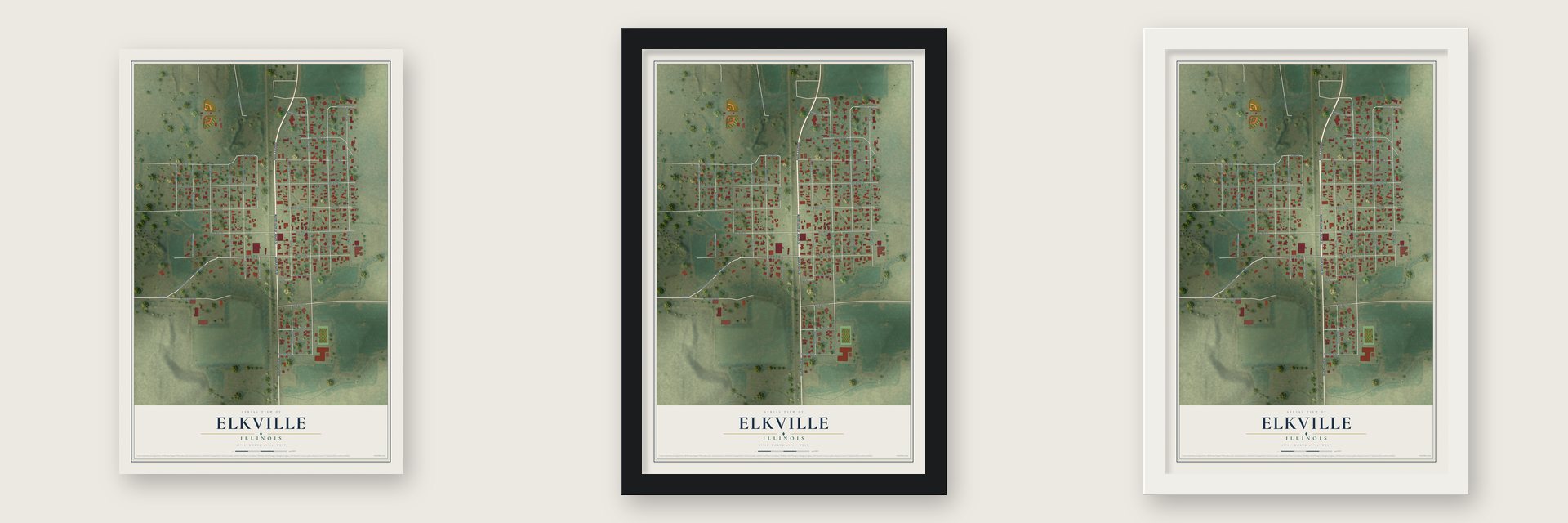 Elkville, Illinois map unframed, in a black wood frame and in a white wood frame