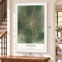 Elkville, Illinois map, 24 x 36 inch print in a white frame by a staircase