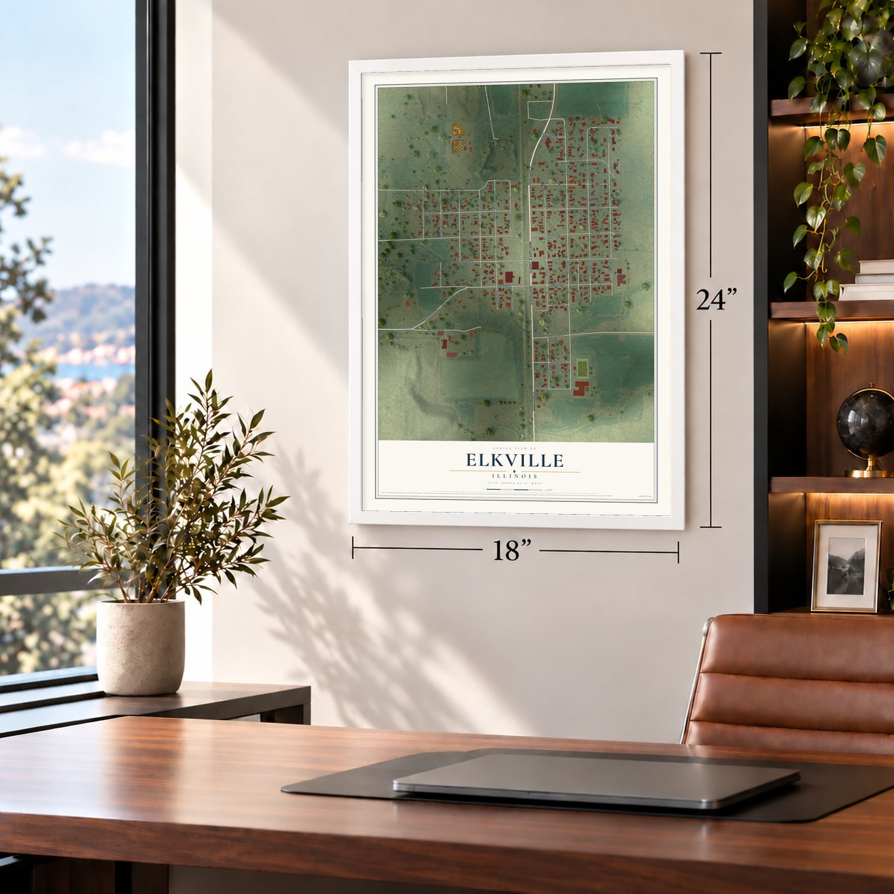 Elkville, Illinois map, 18 x 24 inch print in a white frame in a home office