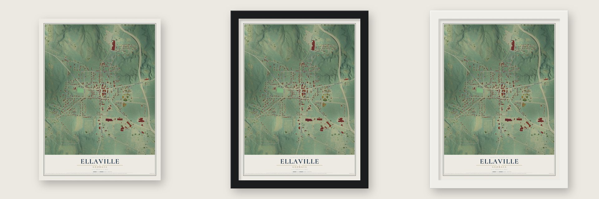 Ellaville, Georgia map unframed, in a black wood frame and in a white wood frame