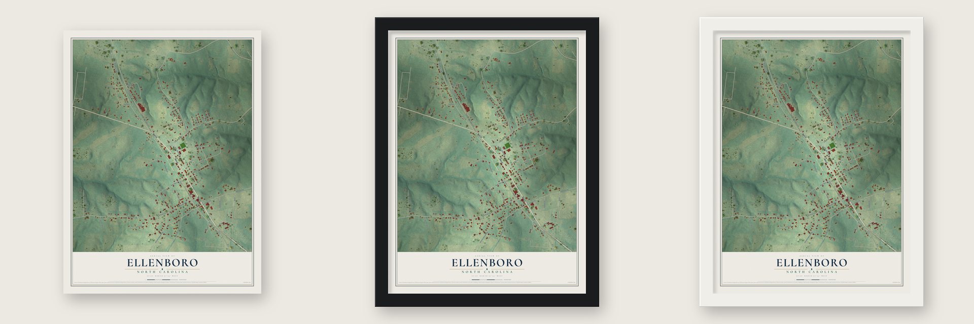 Ellenboro, North Carolina map unframed, in a black wood frame and in a white wood frame