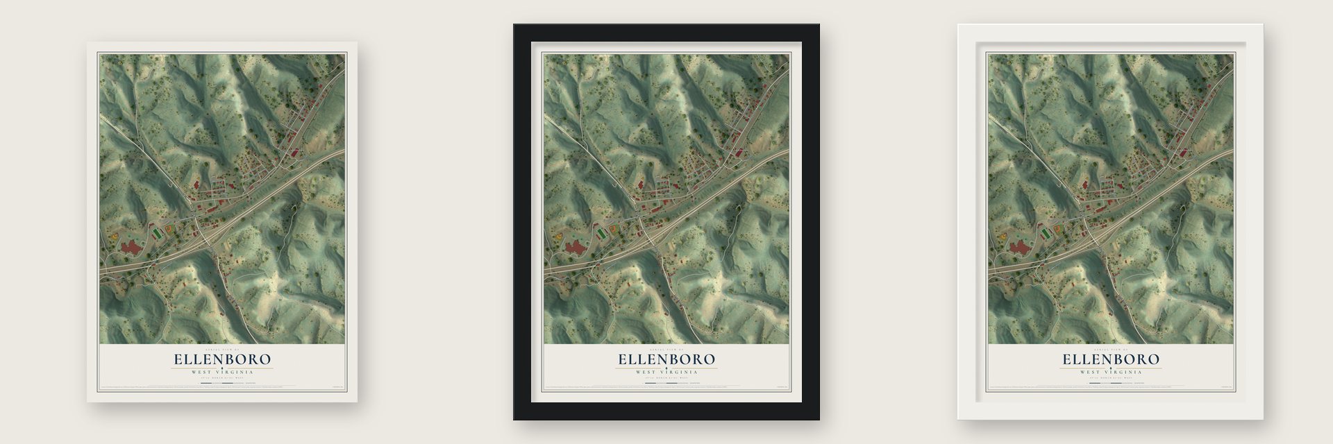 Ellenboro, West Virginia map unframed, in a black wood frame and in a white wood frame