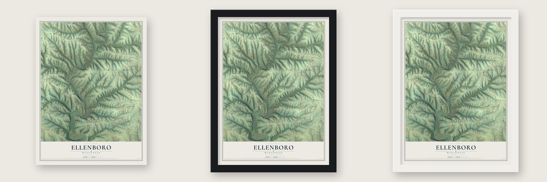 Ellenboro, Wisconsin map unframed, in a black wood frame and in a white wood frame