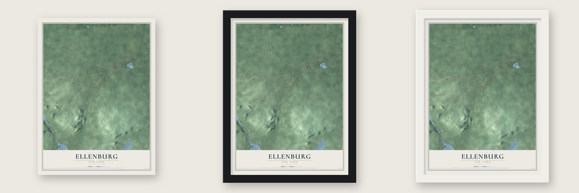 Ellenburg, New York map unframed, in a black wood frame and in a white wood frame