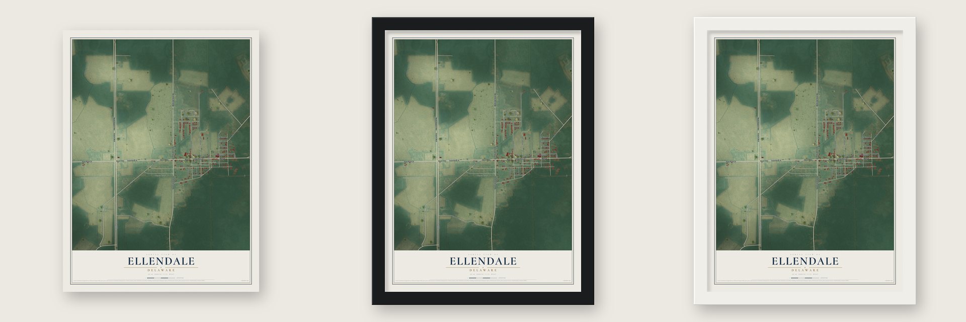Ellendale, Delaware map unframed, in a black wood frame and in a white wood frame