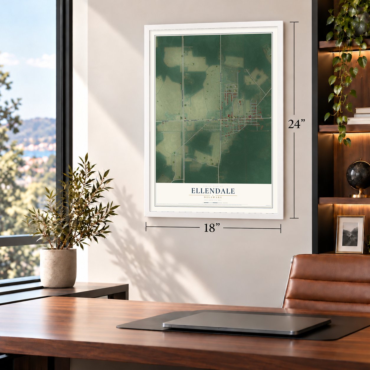 Ellendale, Delaware map, 18 x 24 inch print in a white frame in a home office