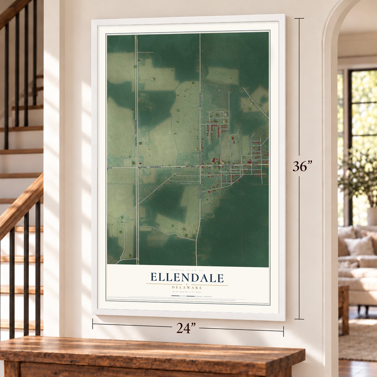 Ellendale, Delaware map, 24 x 36 inch print in a white frame by a staircase