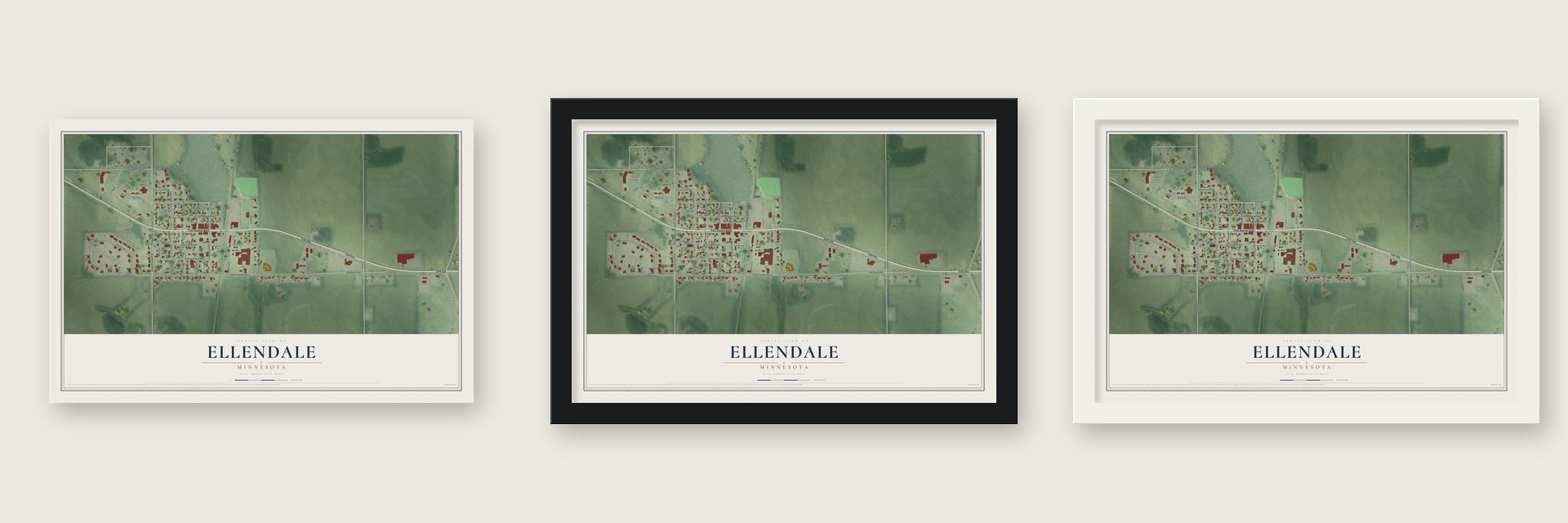 Ellendale, Minnesota map unframed, in a black wood frame and in a white wood frame