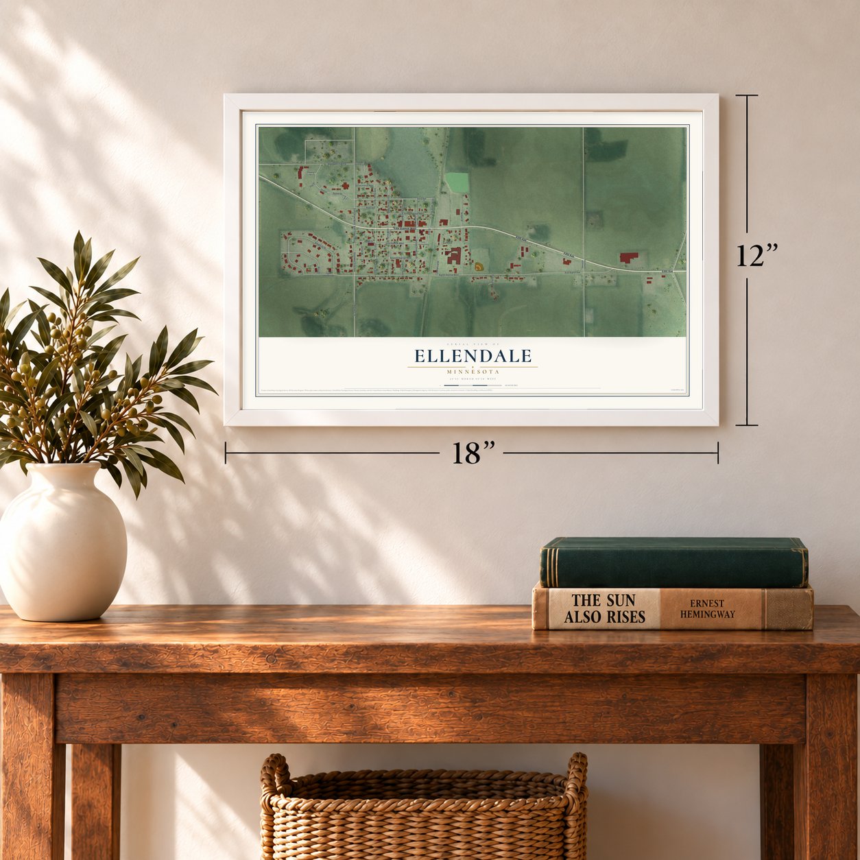 Ellendale, Minnesota map, 12 x 18 inch print in a white frame in an entryway