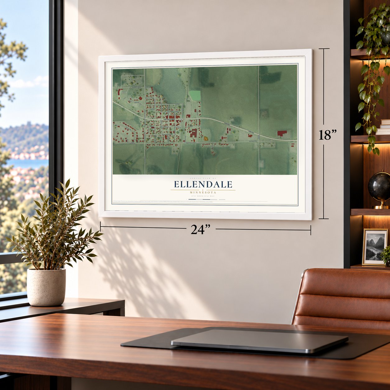 Ellendale, Minnesota map, 18 x 24 inch print in a white frame in a home office
