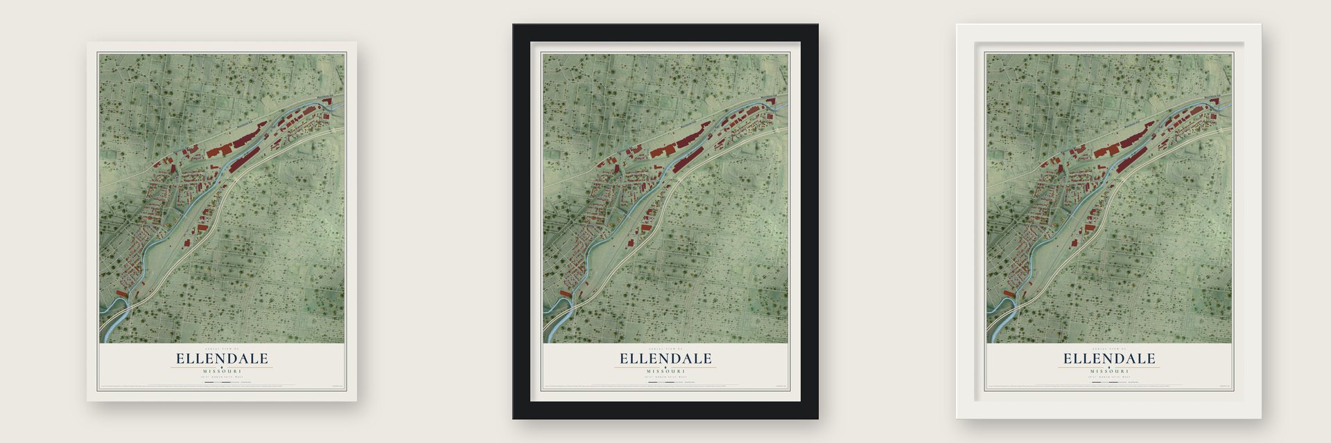 Ellendale, Missouri map unframed, in a black wood frame and in a white wood frame