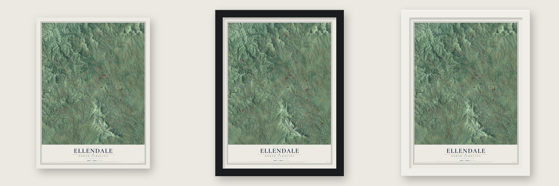 Ellendale, North Carolina map unframed, in a black wood frame and in a white wood frame